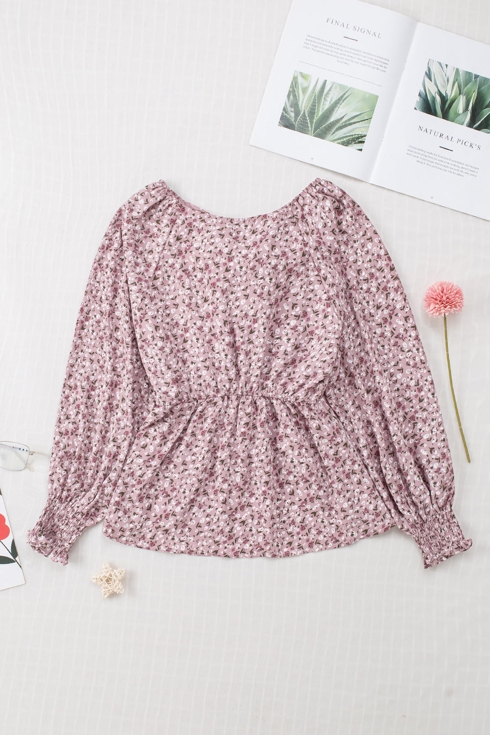 Ditsy Floral Print Front Tie Ruffled Long Sleeve Blouse