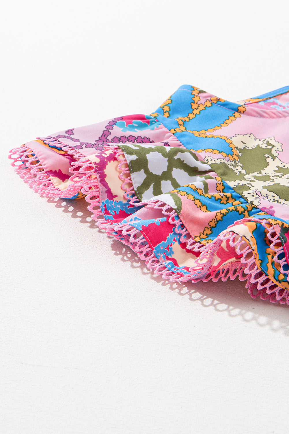 Multicolor Vibrant Floral Print Trimmed Ruffle Sleeve Blouse