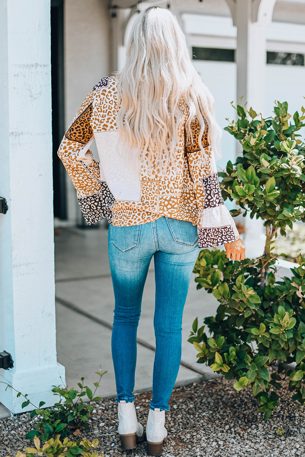 Brown Colorblock Leopard Ribbon Tie Blouse