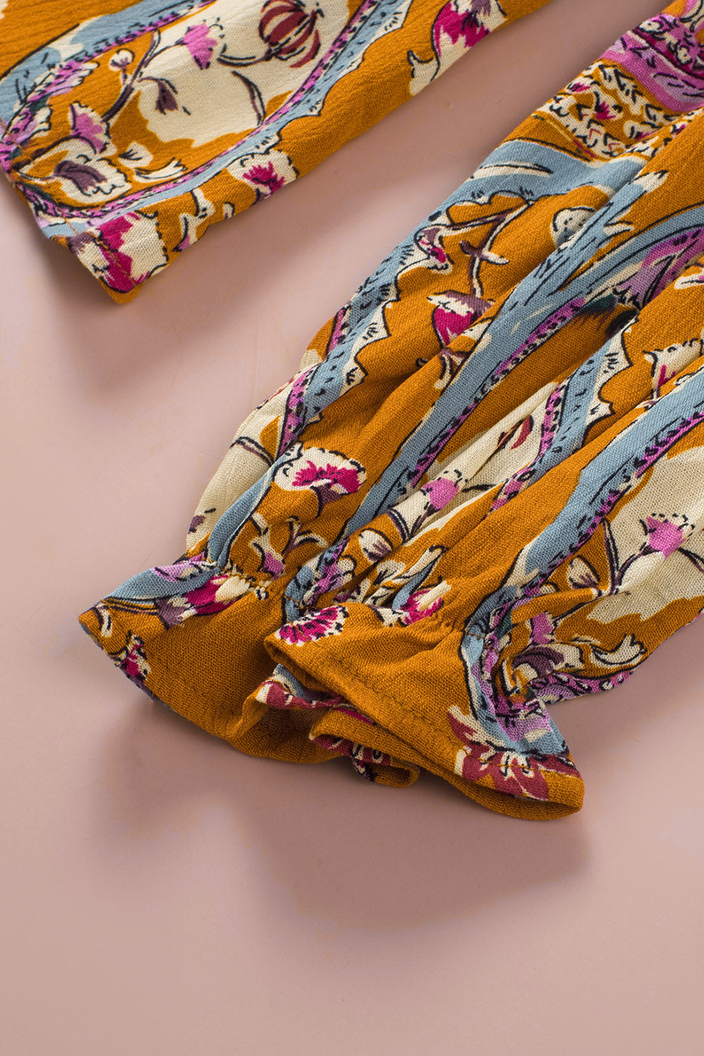Multicolor Boho Print V Neck Bubble Sleeve Blouse