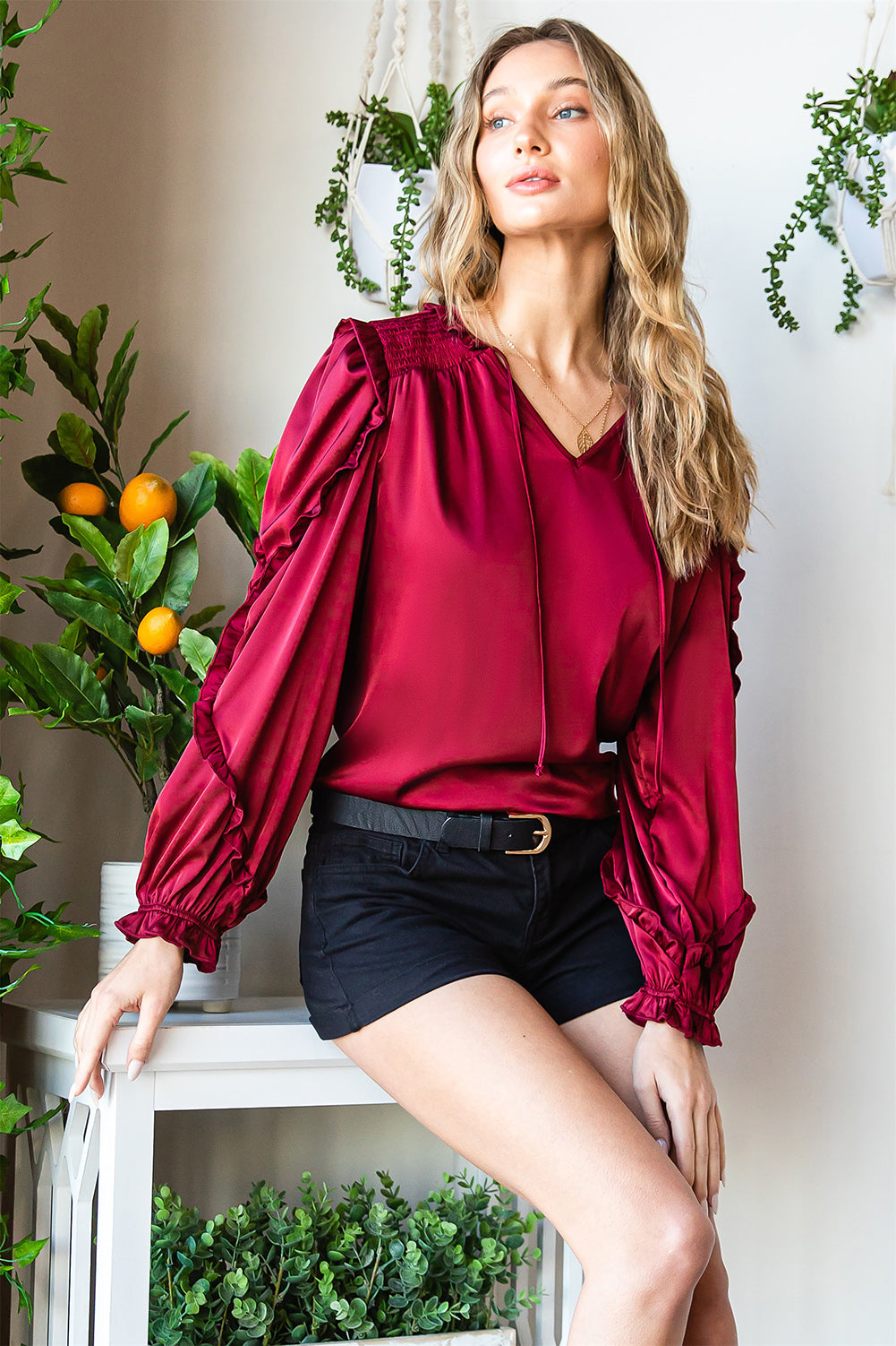 Red Split Neck Ruffled Satin Shirt