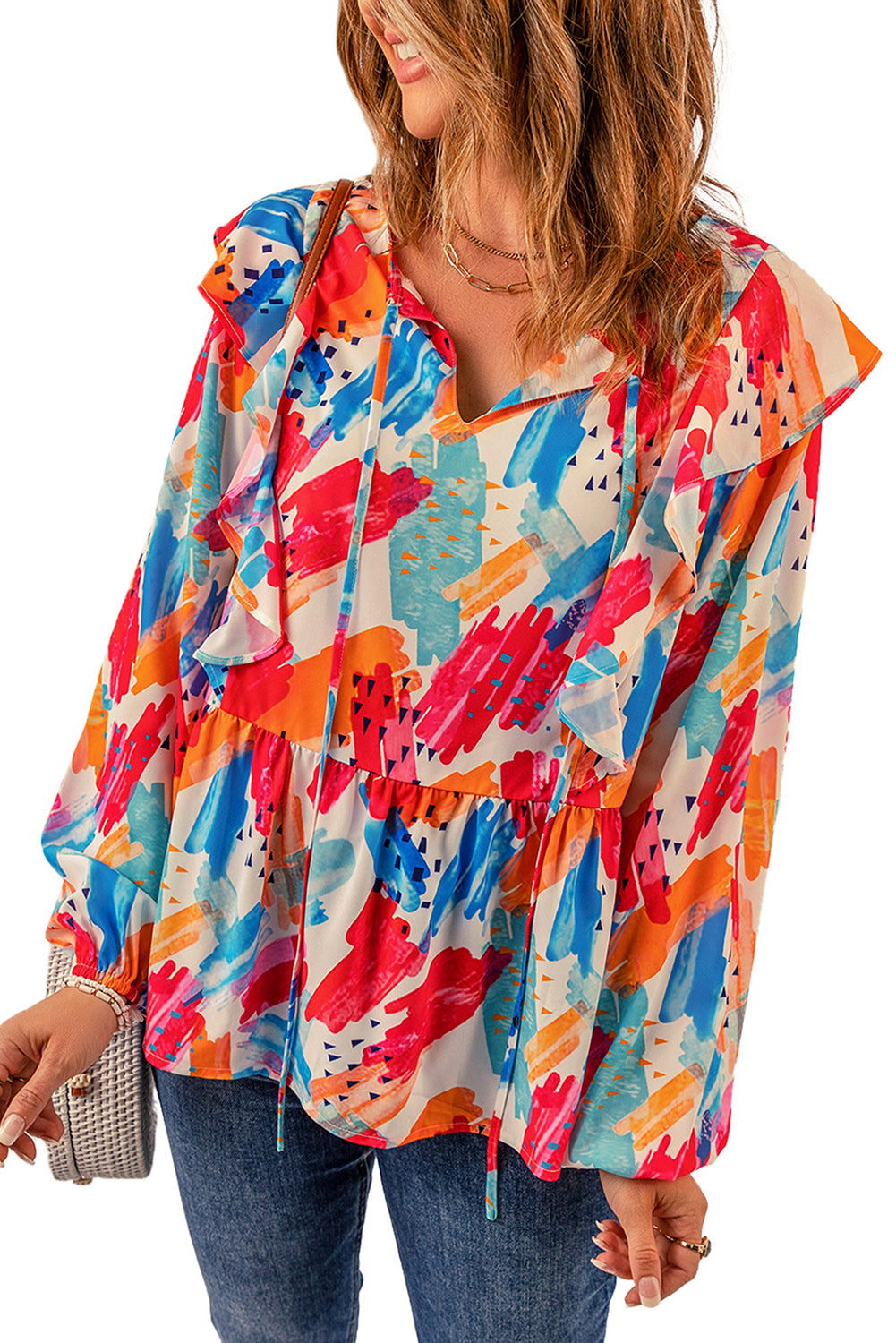 Multicolor Paint Print Ruffled Detail Loose Blouse