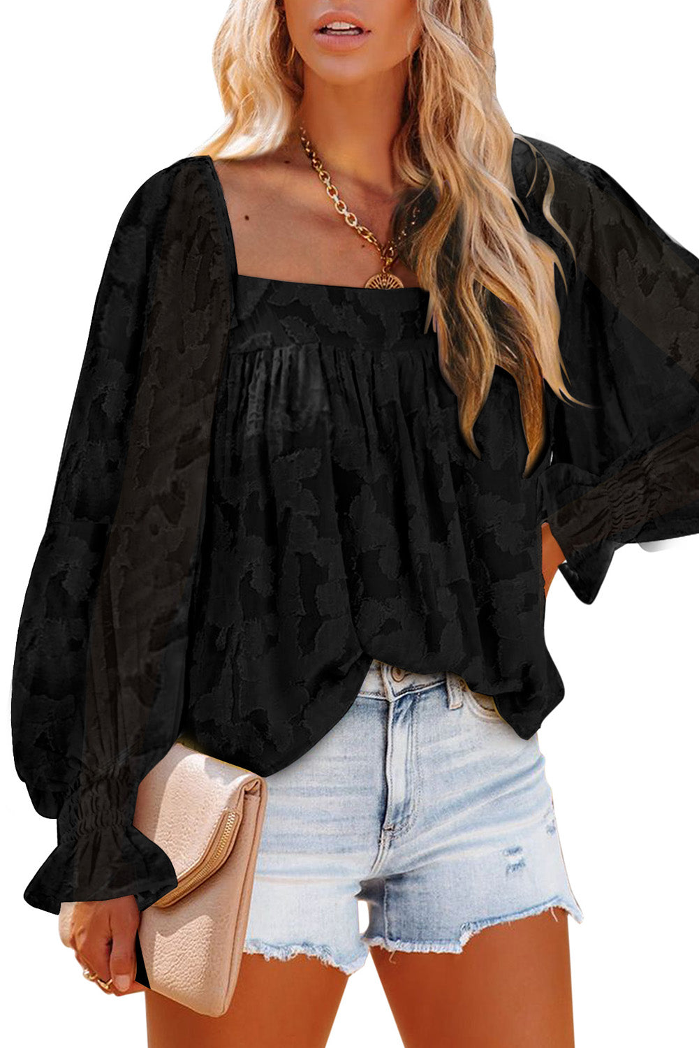 Black Square Neck Floral Textured Blouse