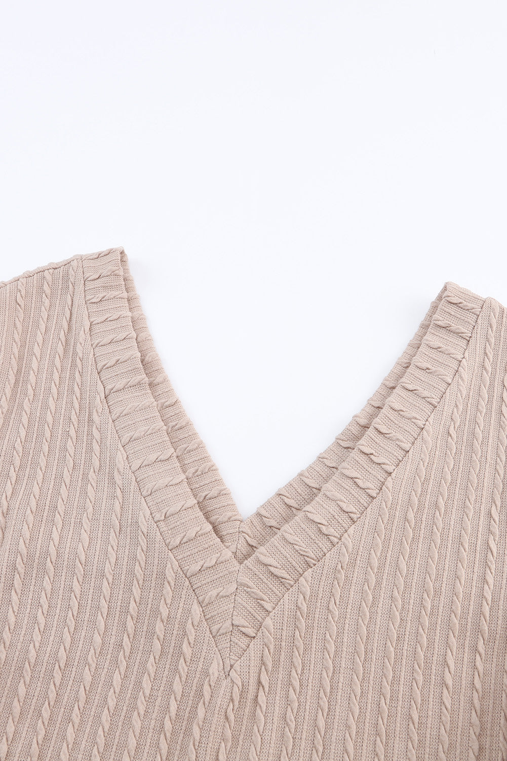 Khaki Knitted Jacquard V Neck Lantern Sleeve Top