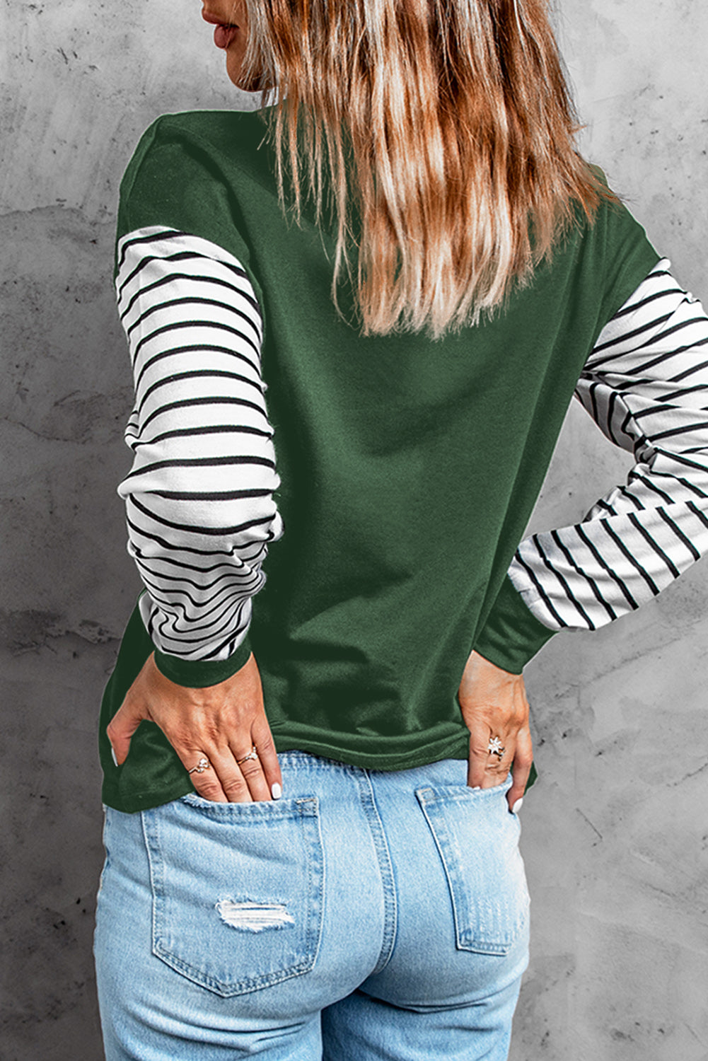 Green Striped Star Print Patchwork Long Sleeve Top