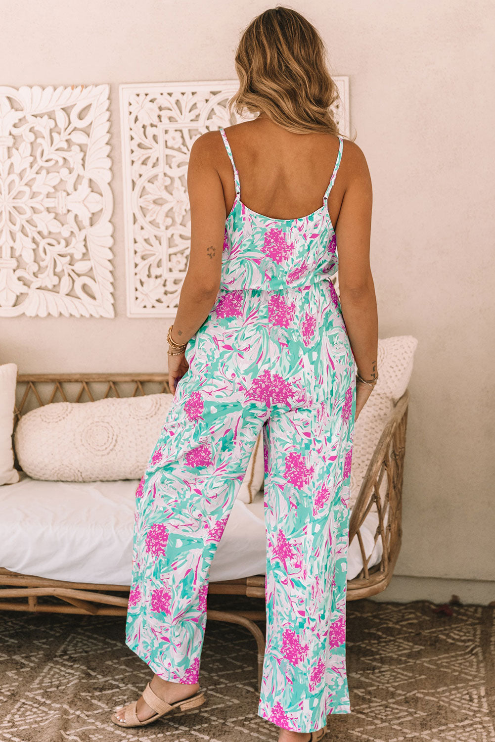 Sky Blue Floral Print Knotted High Waist Sleeveless Jumpsuit