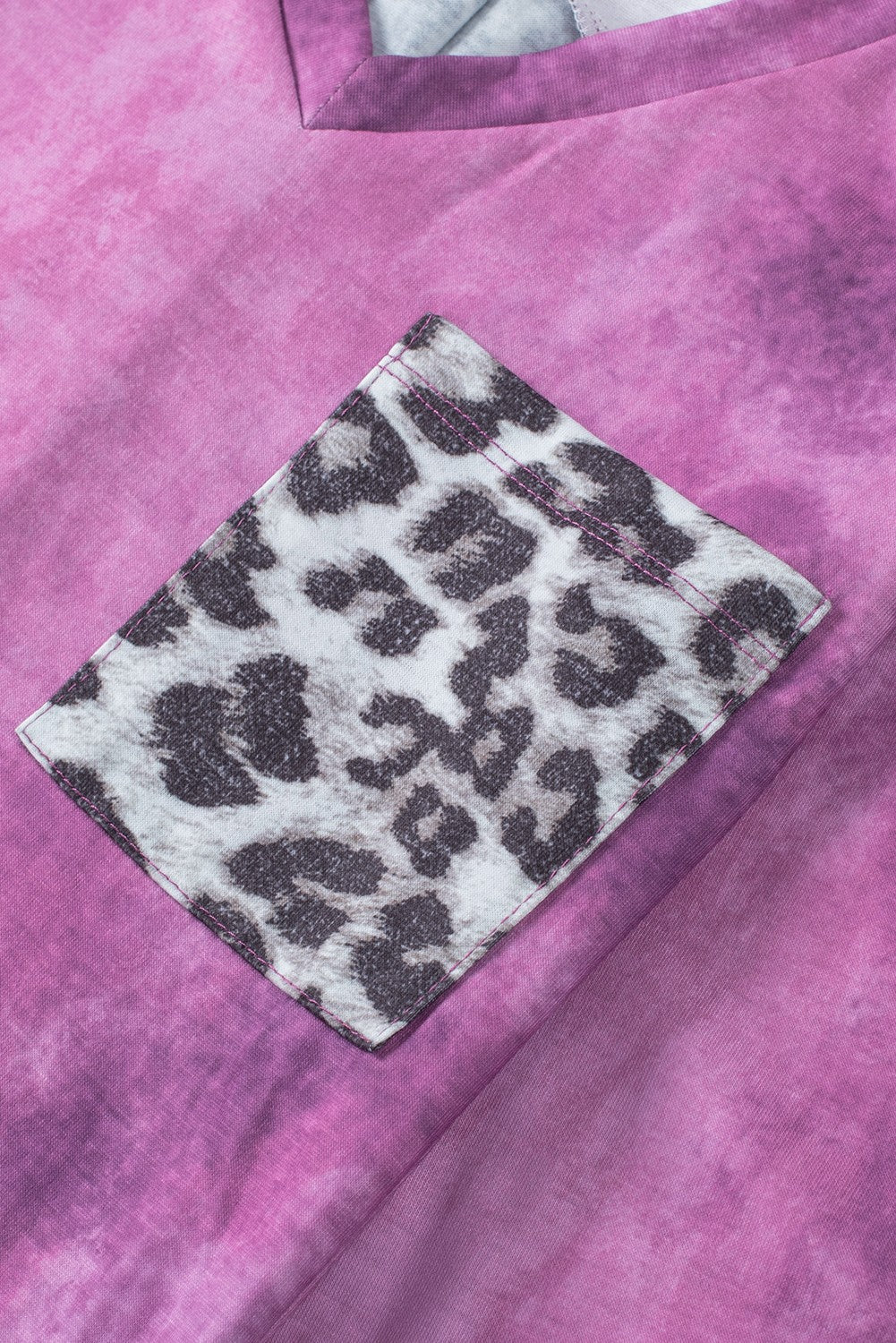 Rose Tie Dye Leopard Patchwork Pocket V Neck Top