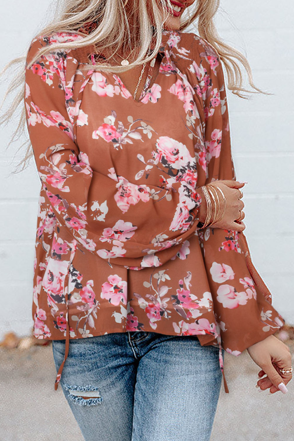 Multicolor Split V Neck Bubble Sleeves Floral Shift Top