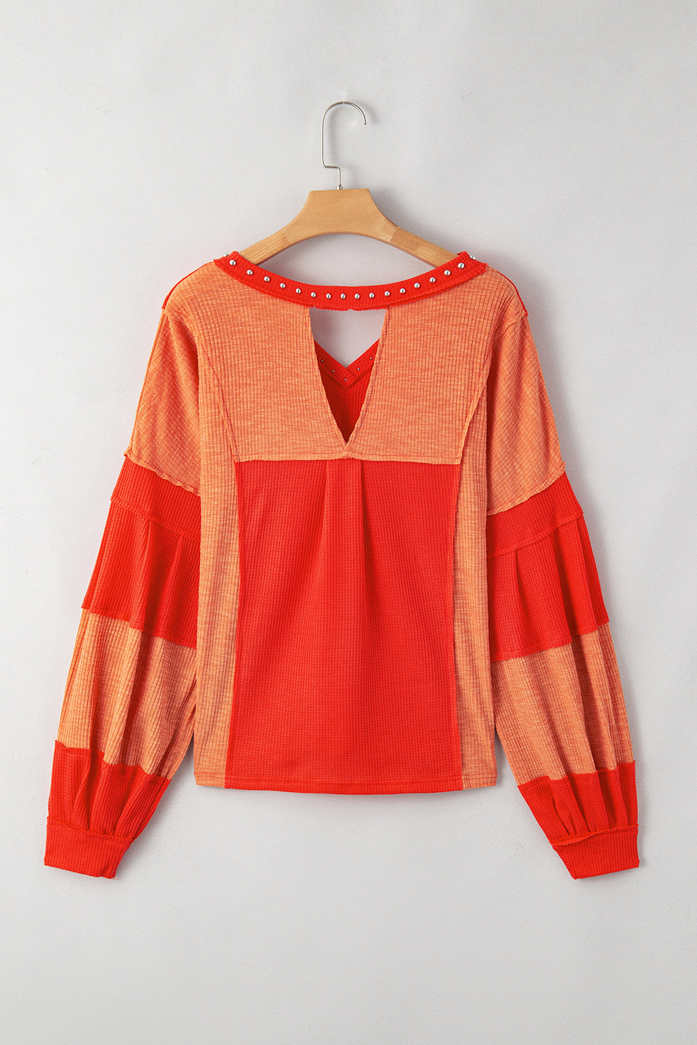 Red Studded V Neckline Exposed Seam Textured Knit Top