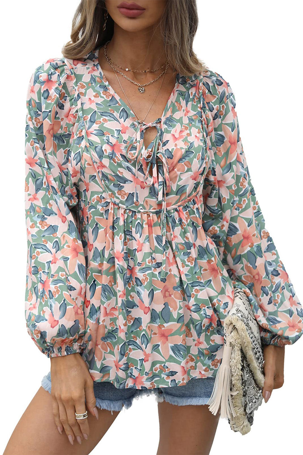 Green Floral Print Lace Up Blouse