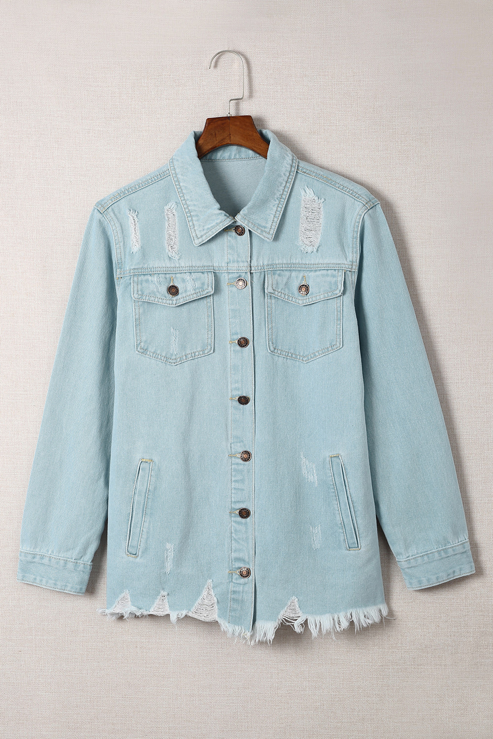 Sky Blue Light Wash Pocketed Distressed Denim Jackets
