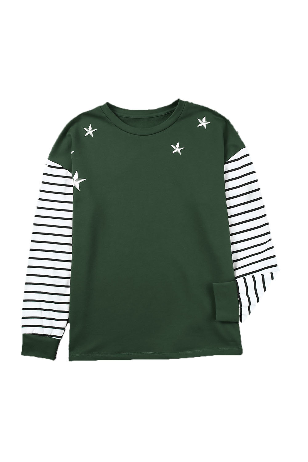Green Striped Star Print Patchwork Long Sleeve Top