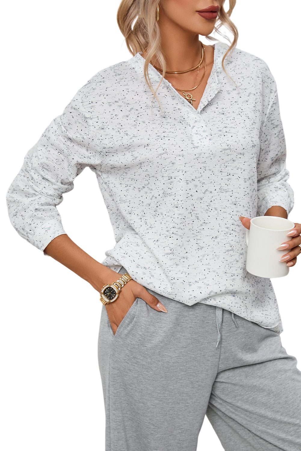 Gray Slouchy Heather Rib Knit Long Sleeve Henley Top