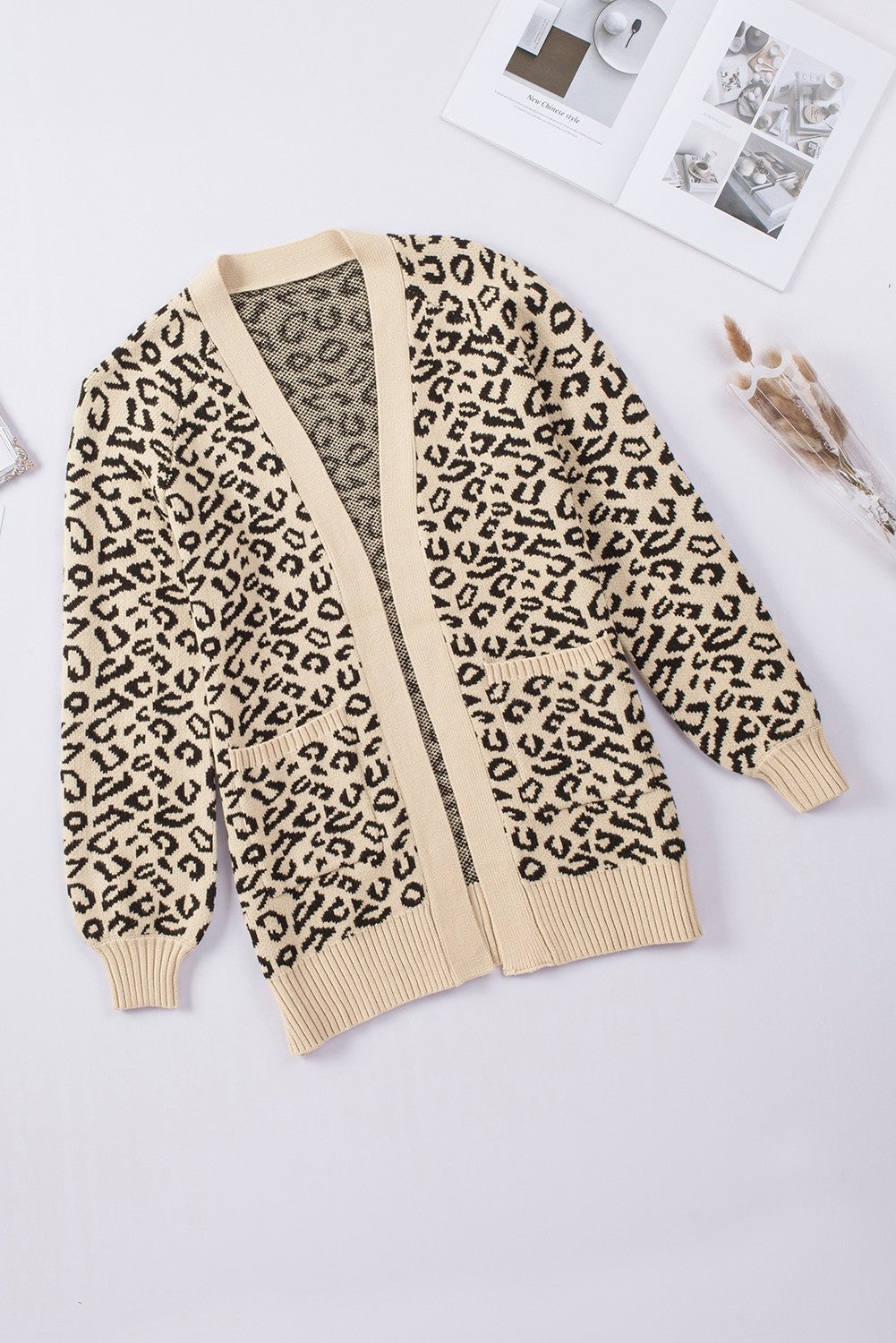 Leopard Knit Open Front Long Cardigan