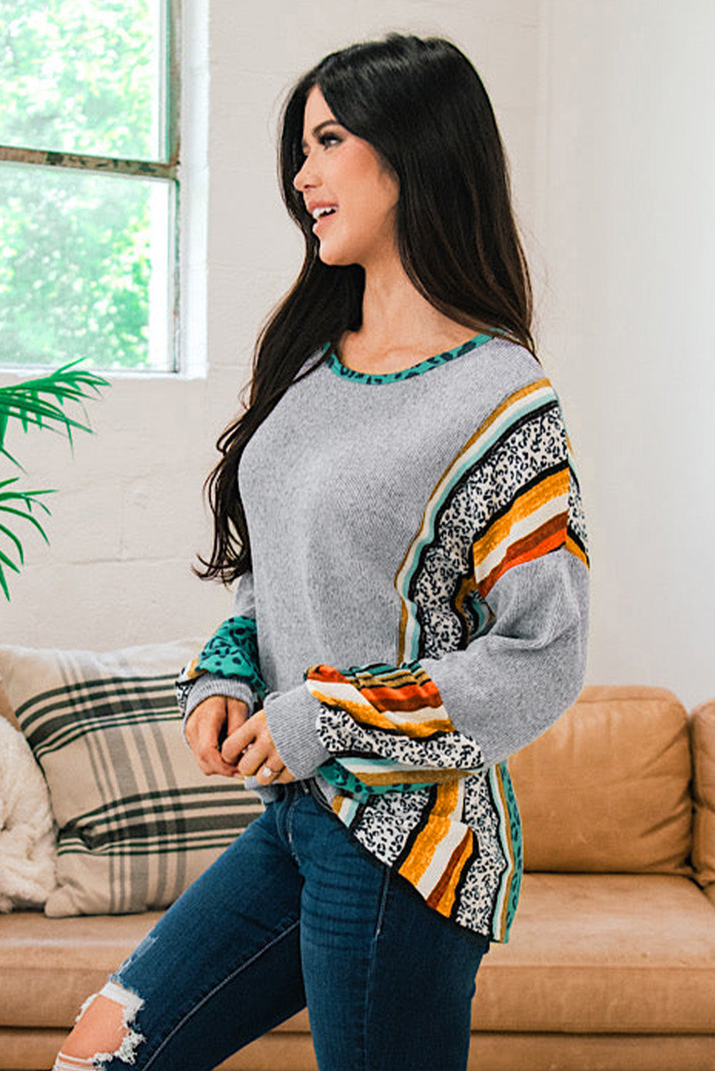 Gray Leopard Serape Drop Shoulder Bubble Sleeves Knit Top
