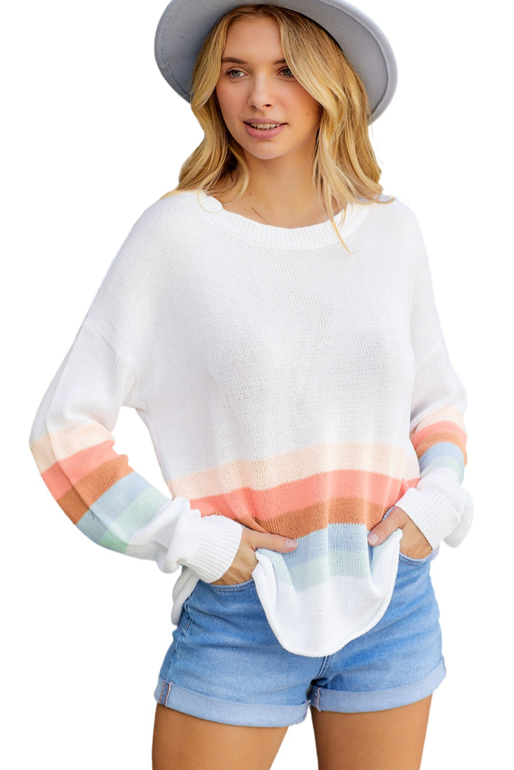 White Ribbed Round Neck Striped Sweater