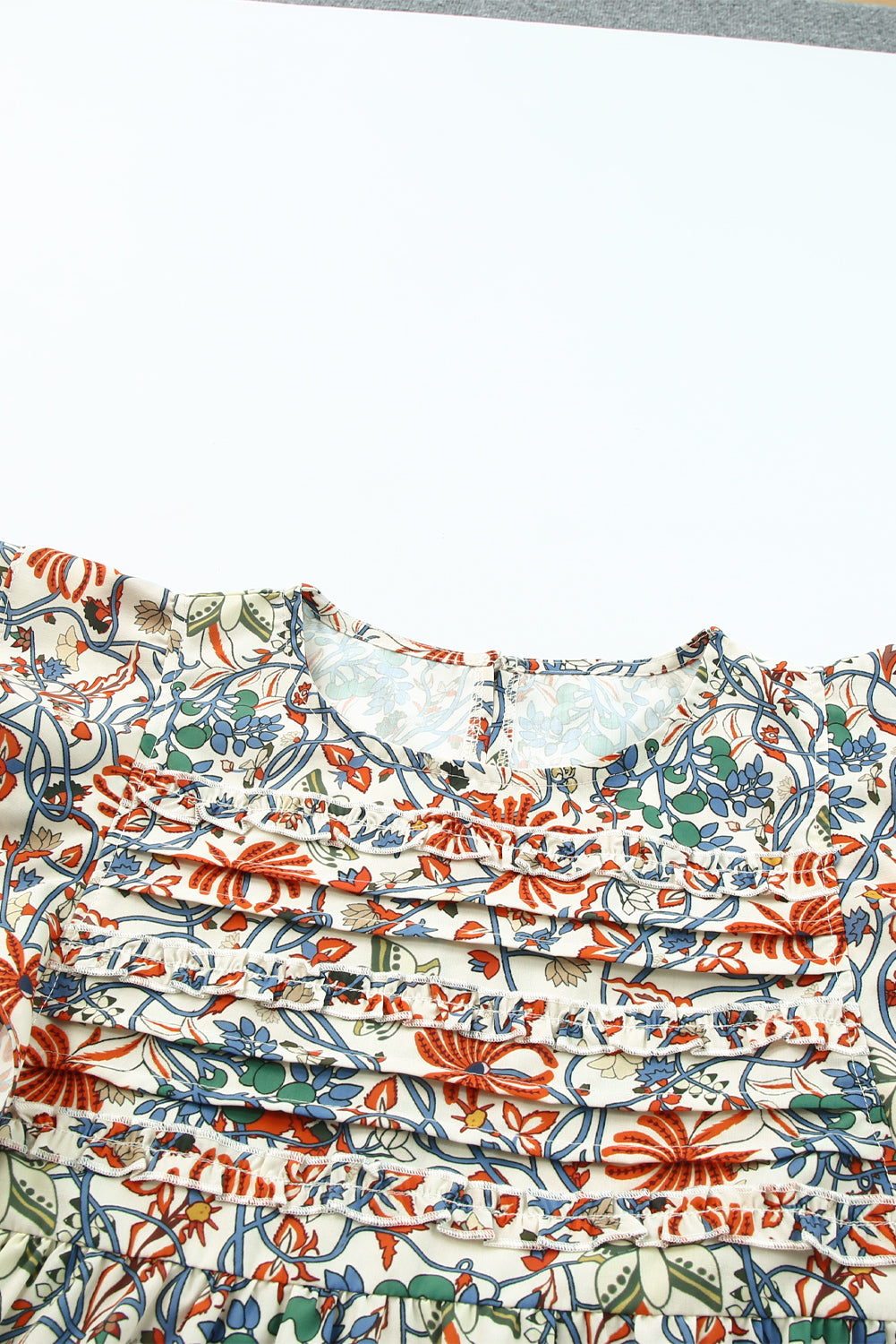 Multicolor Vintage Floral Shirred Ruffle Sleeve Blouse