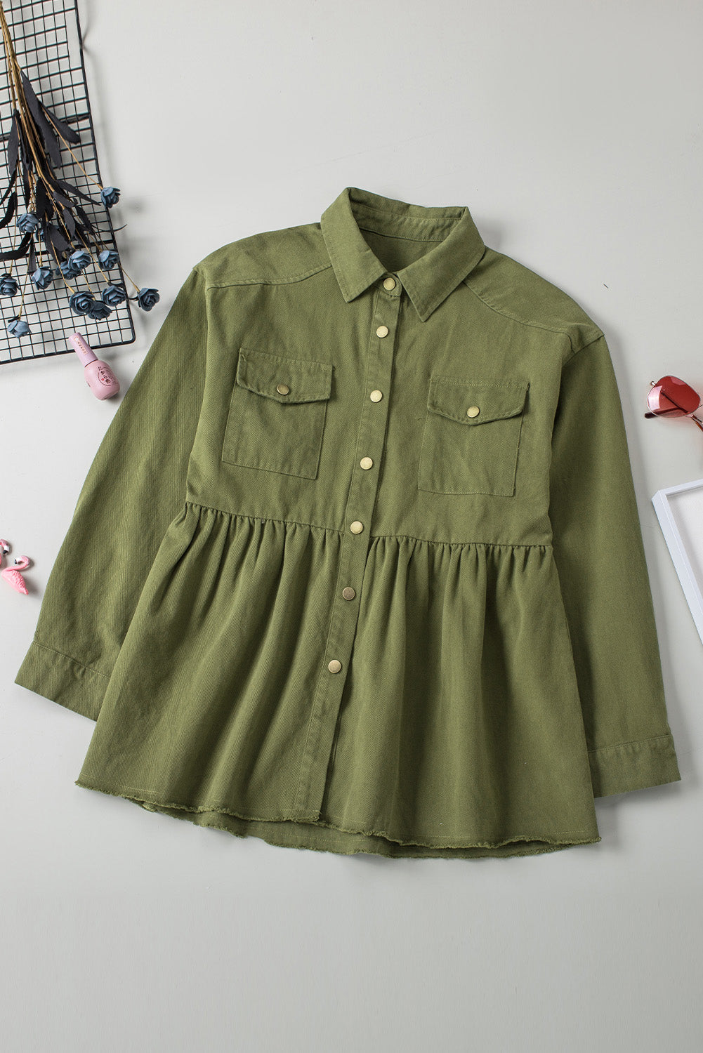 Green Snap Up Babydoll Shirt