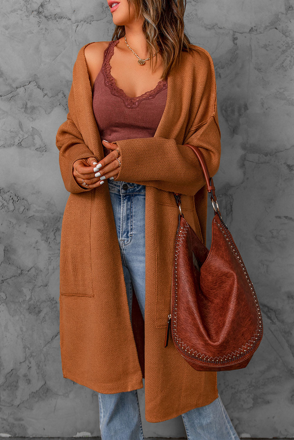Brown Solid Open Front Drop Sleeves Long Cardigan