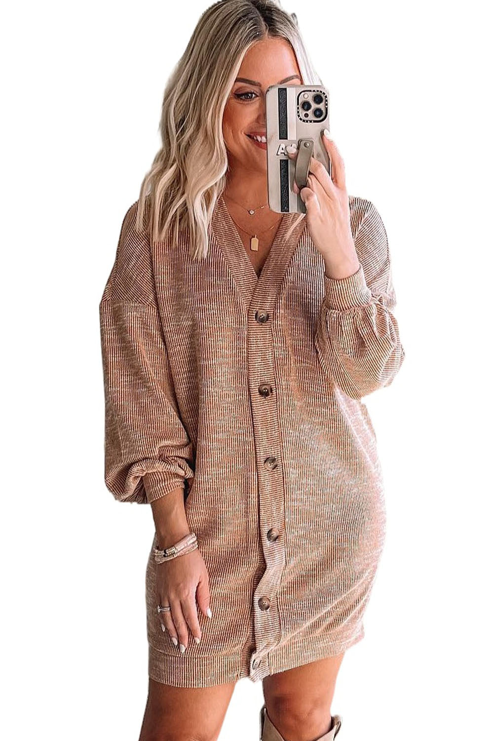 Apricot Ribbed Buttons V Neck Cardigan