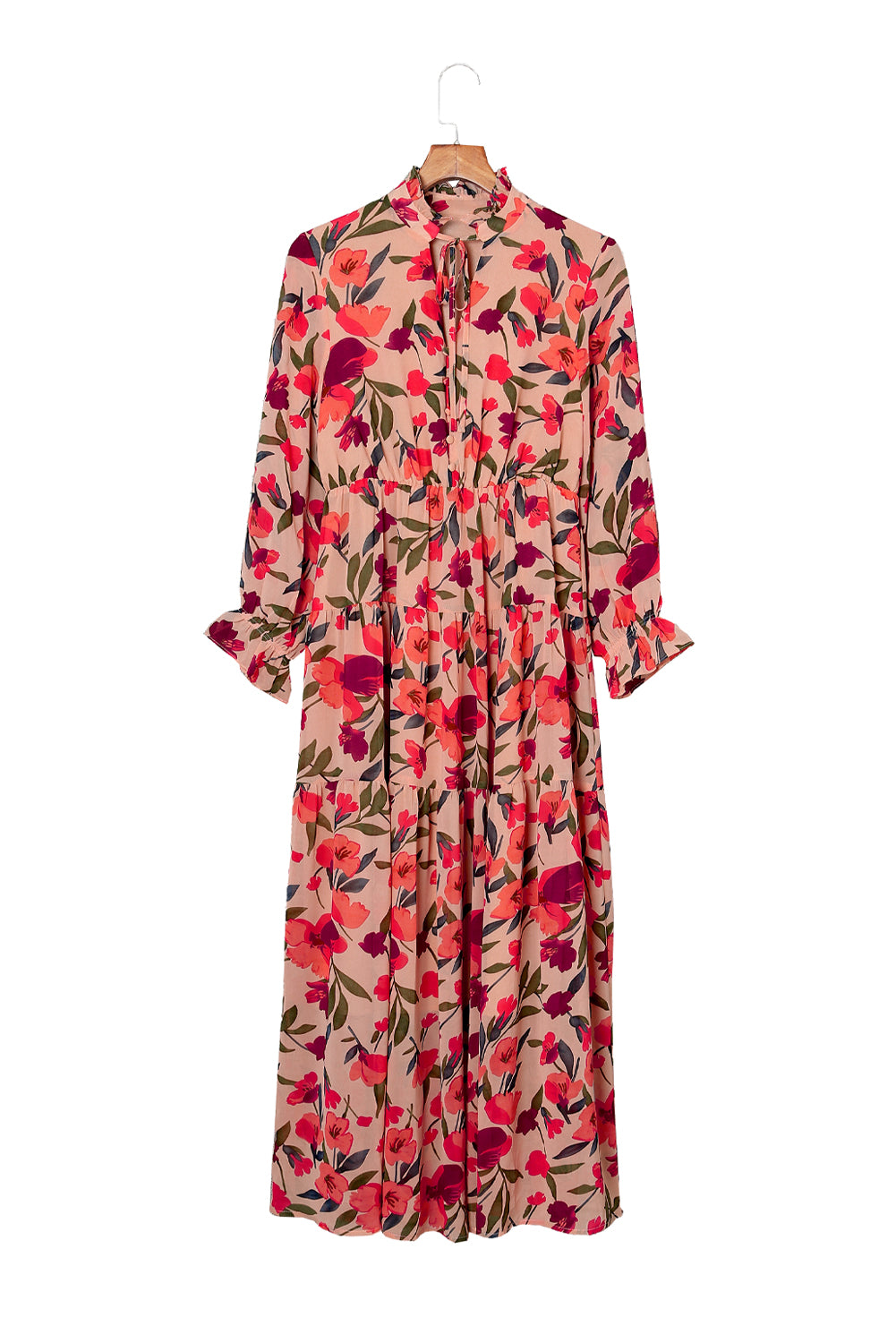 Red Frilled Collar Long Sleeve Tiered Maxi Floral Dress