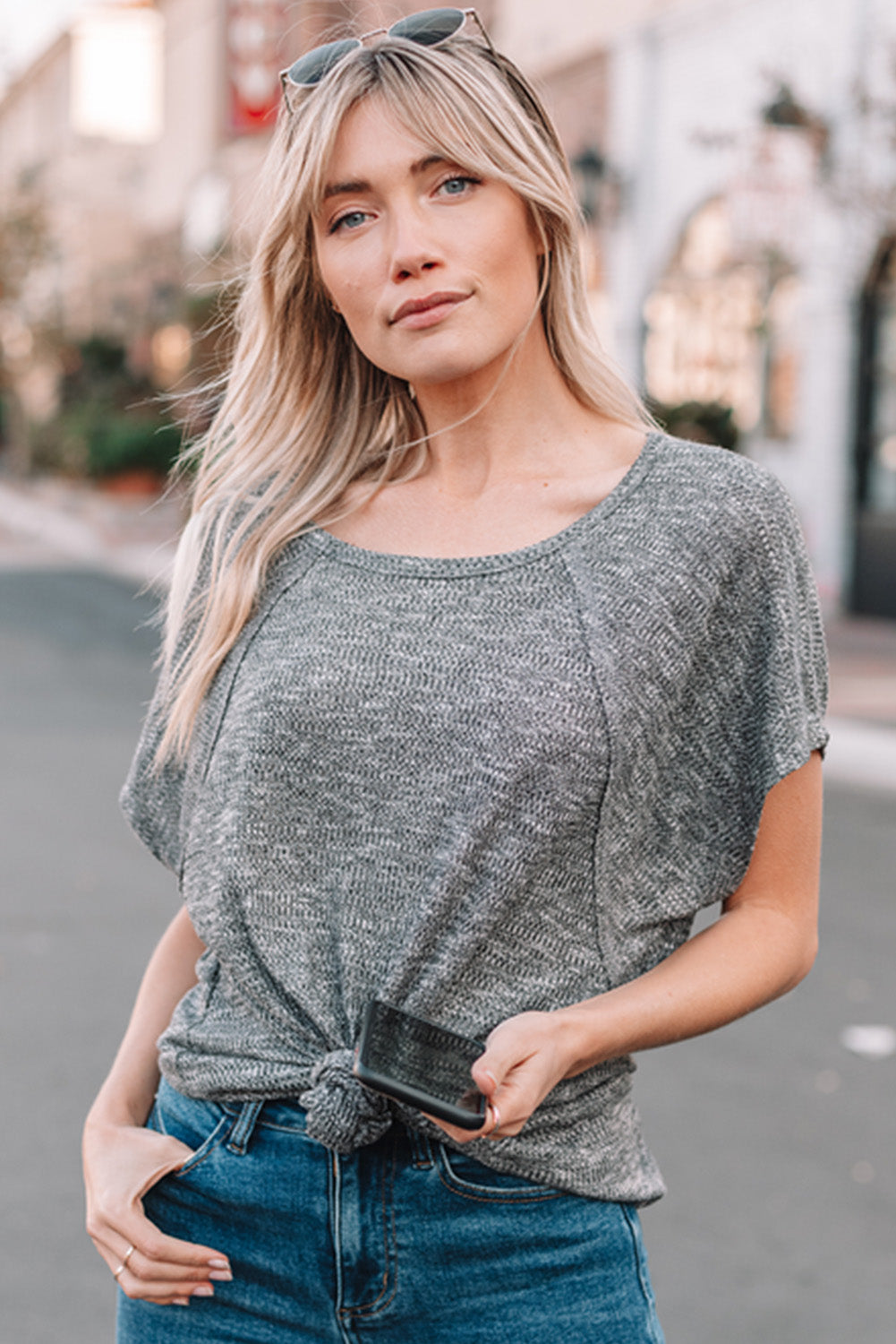 Gray Loose Slouchy Knitted Raglan Sleeves T-shirt