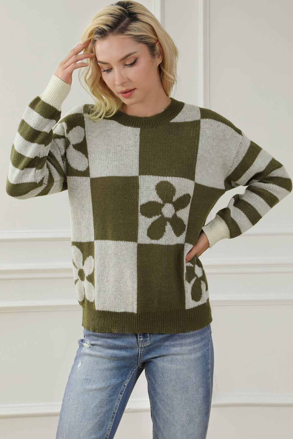 Green Checkered Floral Print Striped Sleeve Sweater