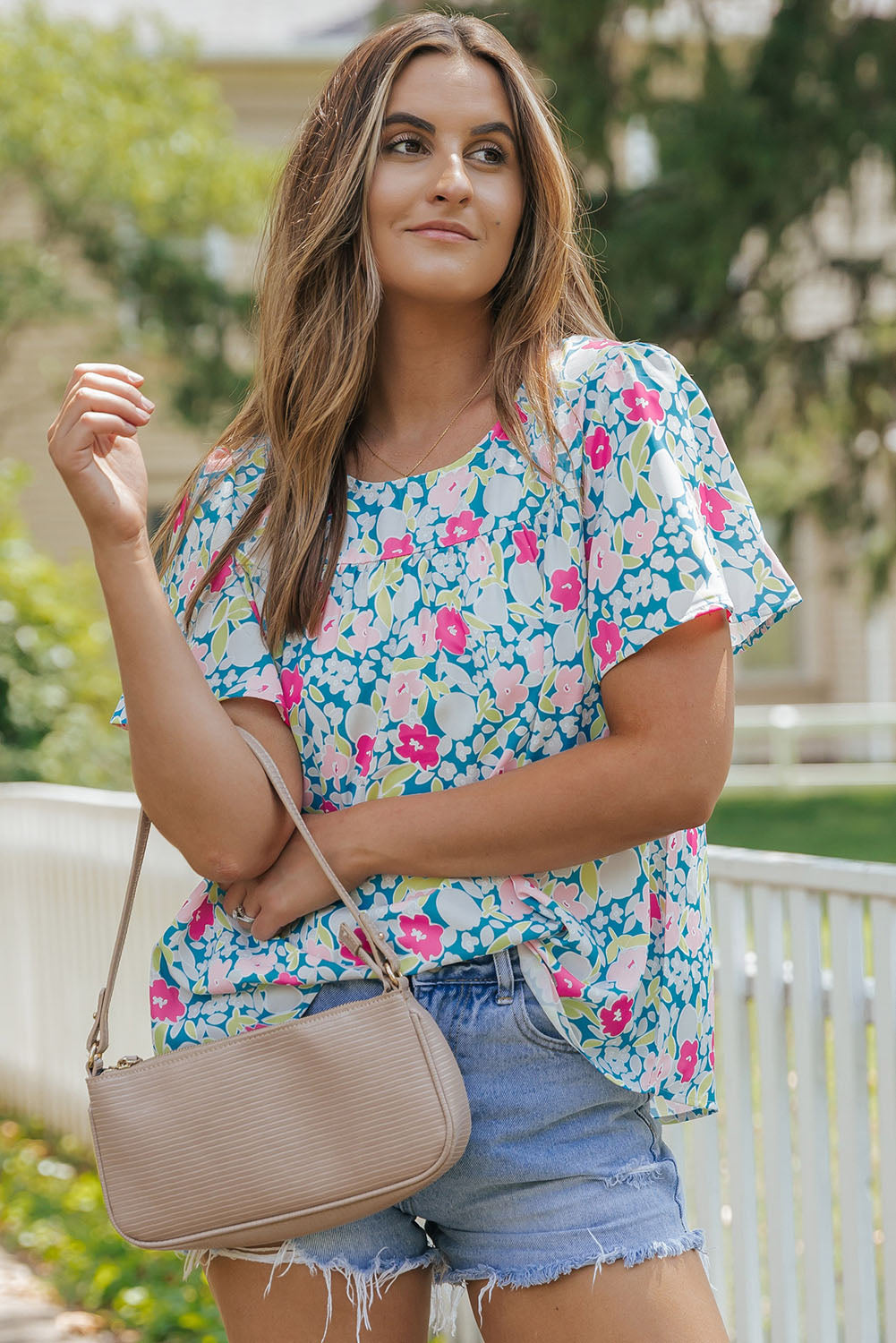 Sky Blue Floral Print O-neck Short Sleeve Babydoll Blouse