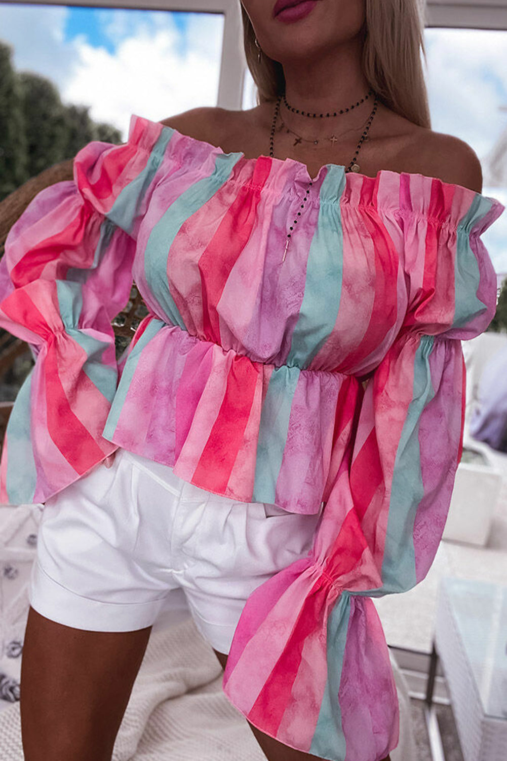 Multicolor Stripe Print Frill Off Shoulder Bubble Sleeve Blouse