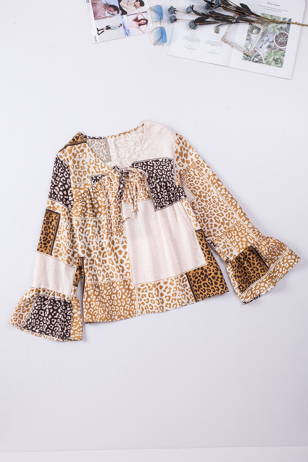 Brown Colorblock Leopard Ribbon Tie Blouse