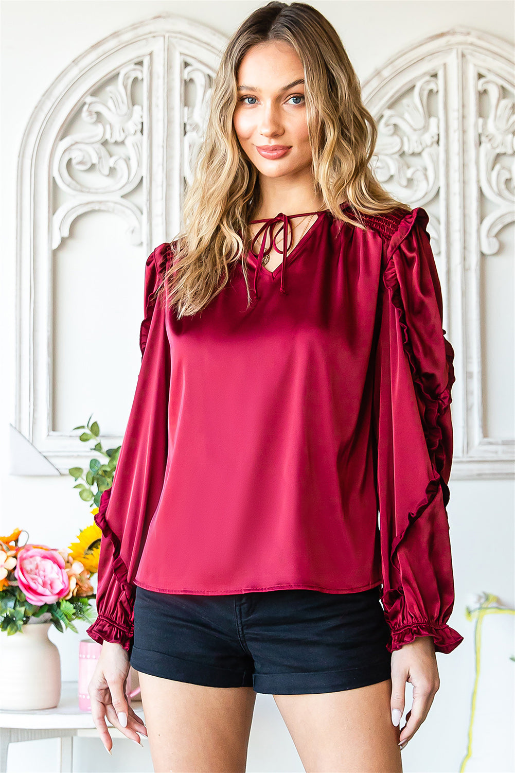 Red Split Neck Ruffled Satin Shirt