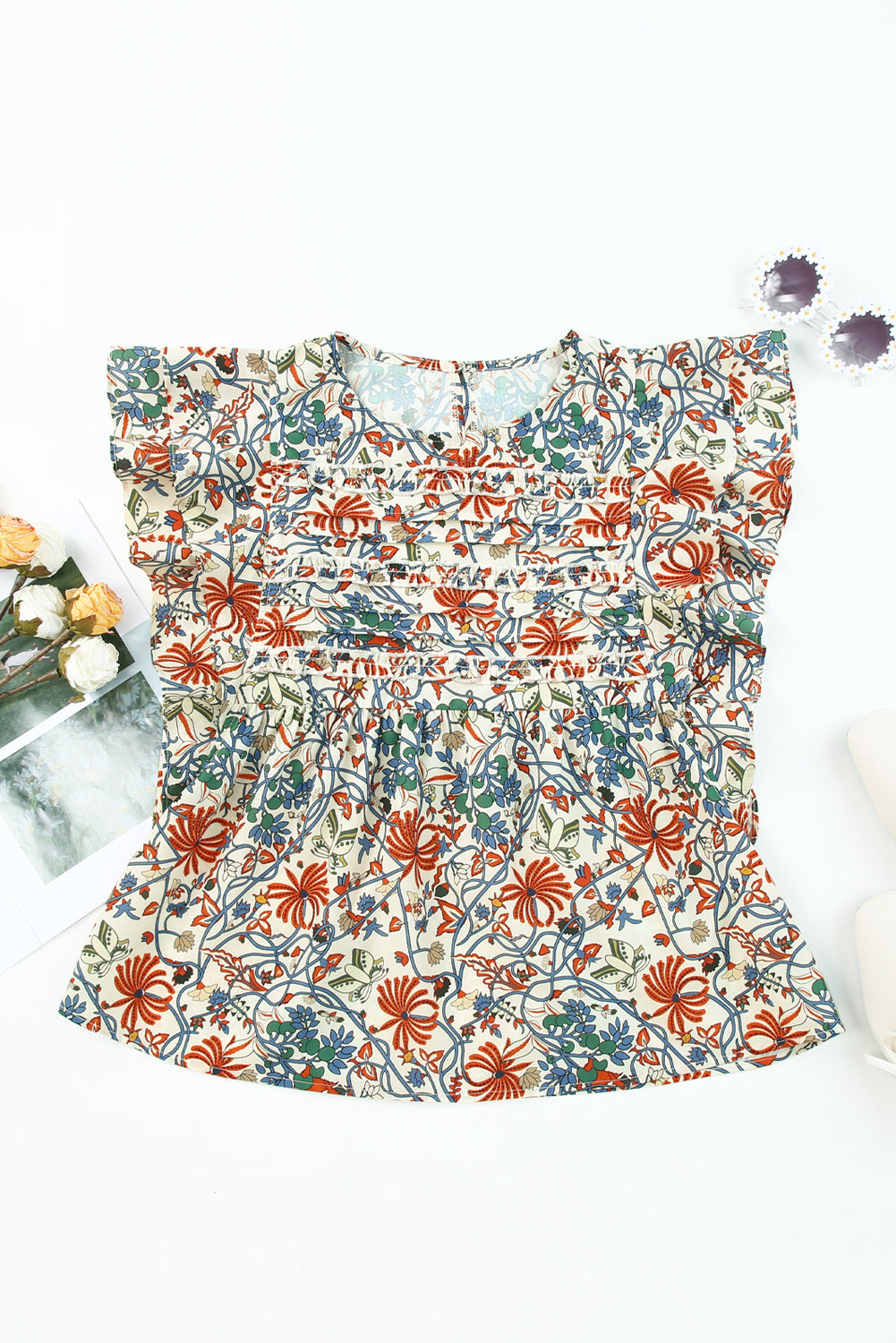 Multicolor Vintage Floral Shirred Ruffle Sleeve Blouse