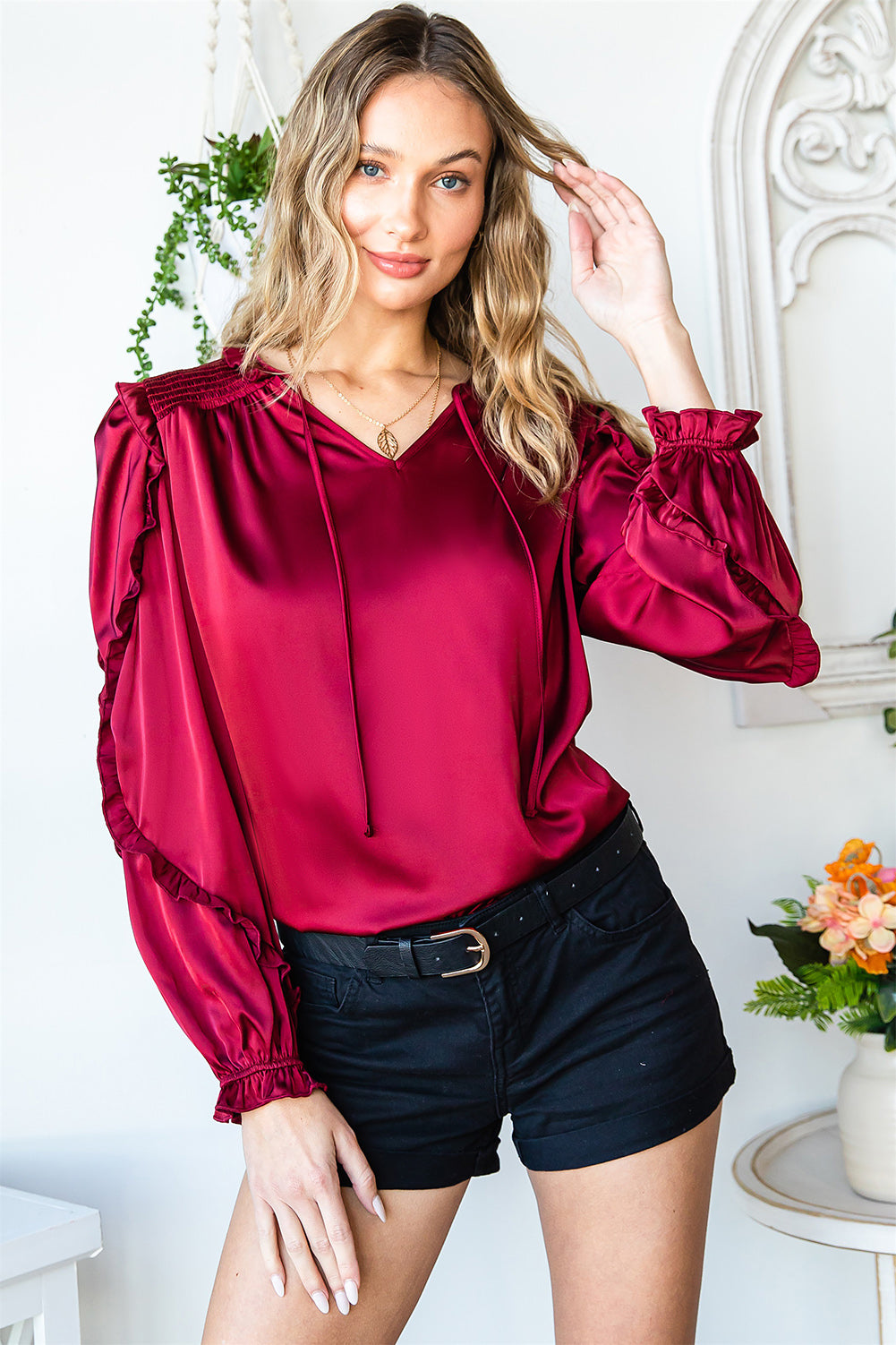 Red Split Neck Ruffled Satin Shirt