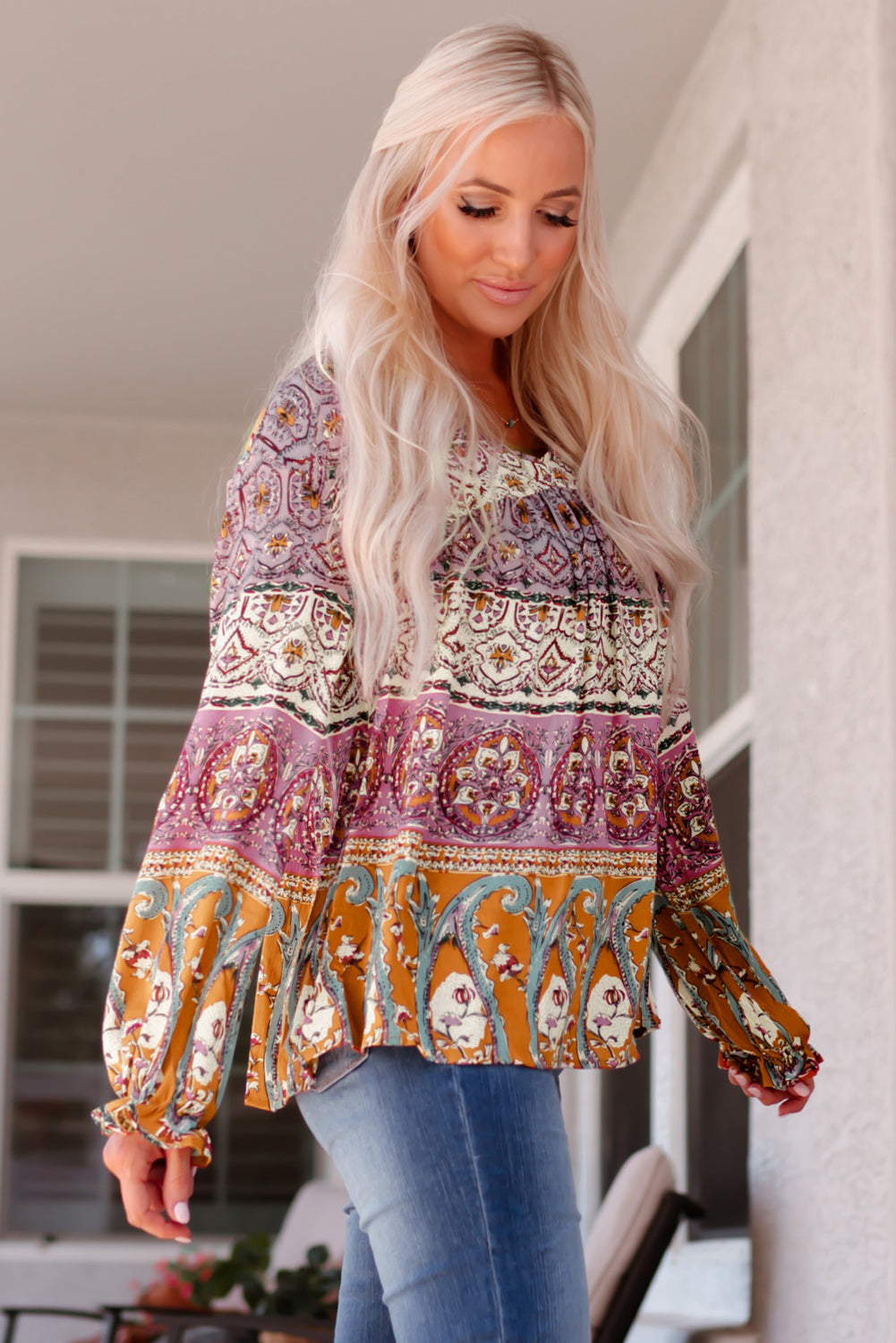 Multicolor Boho Print V Neck Bubble Sleeve Blouse