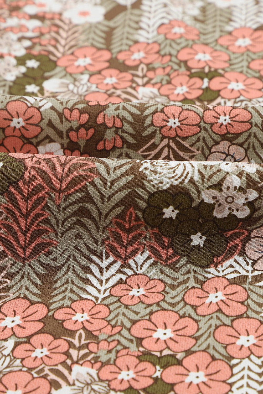 Khaki Floral Print Tie V Neck Button Up Blouse