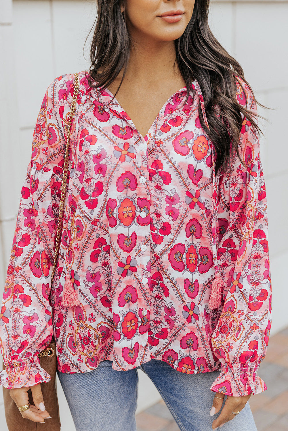 Rose Split Neckline Front Buttons Floral Print Blouse