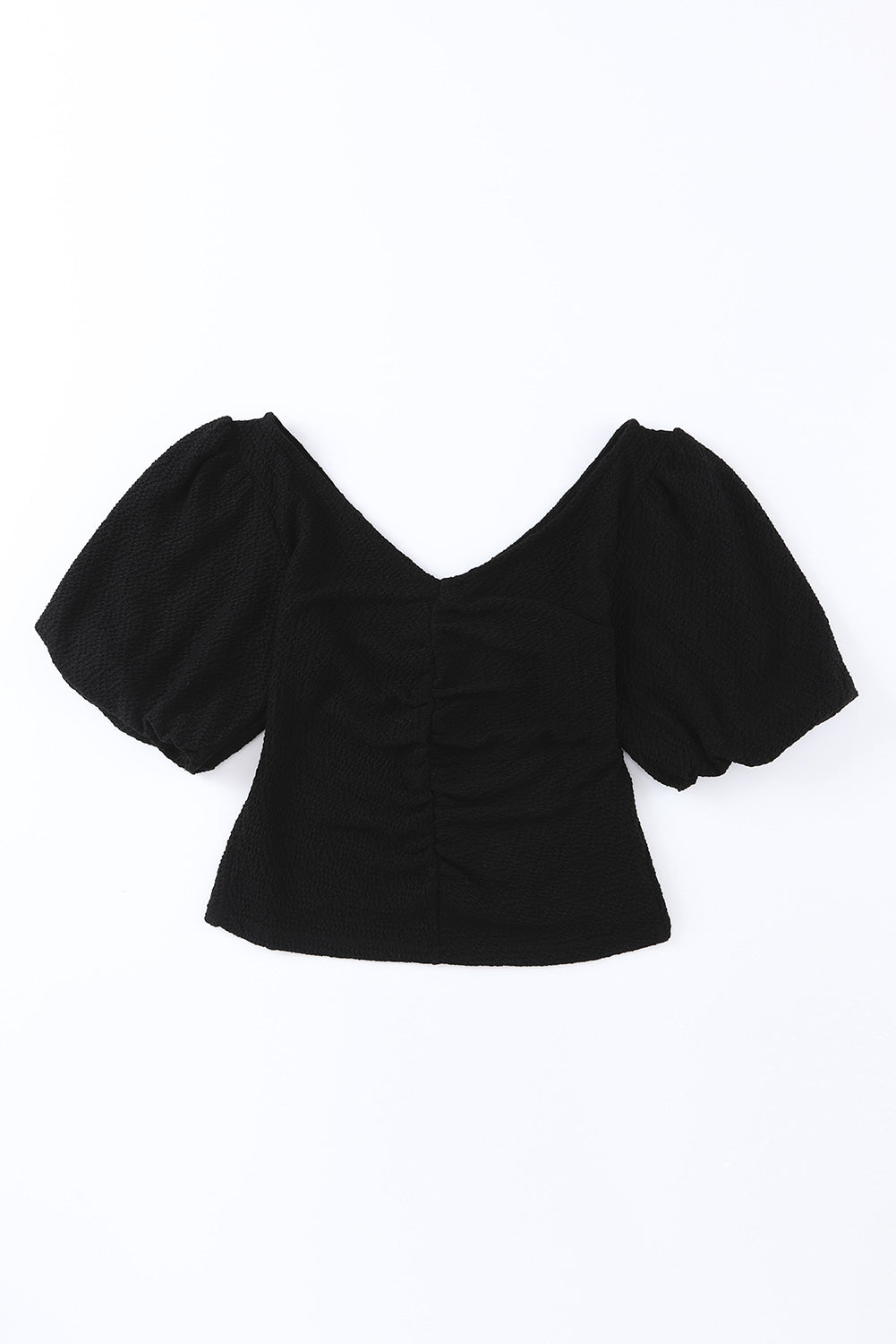 Black V Neck Ruched Front Puffy Sleeve Blouse