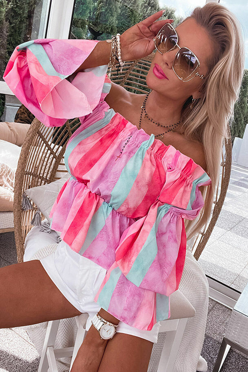 Multicolor Stripe Print Frill Off Shoulder Bubble Sleeve Blouse