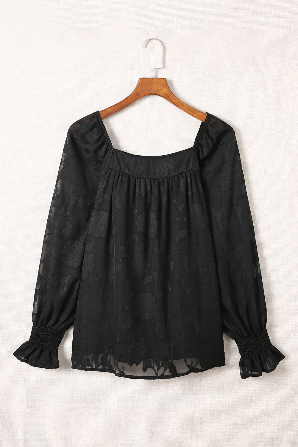 Black Square Neck Floral Textured Blouse