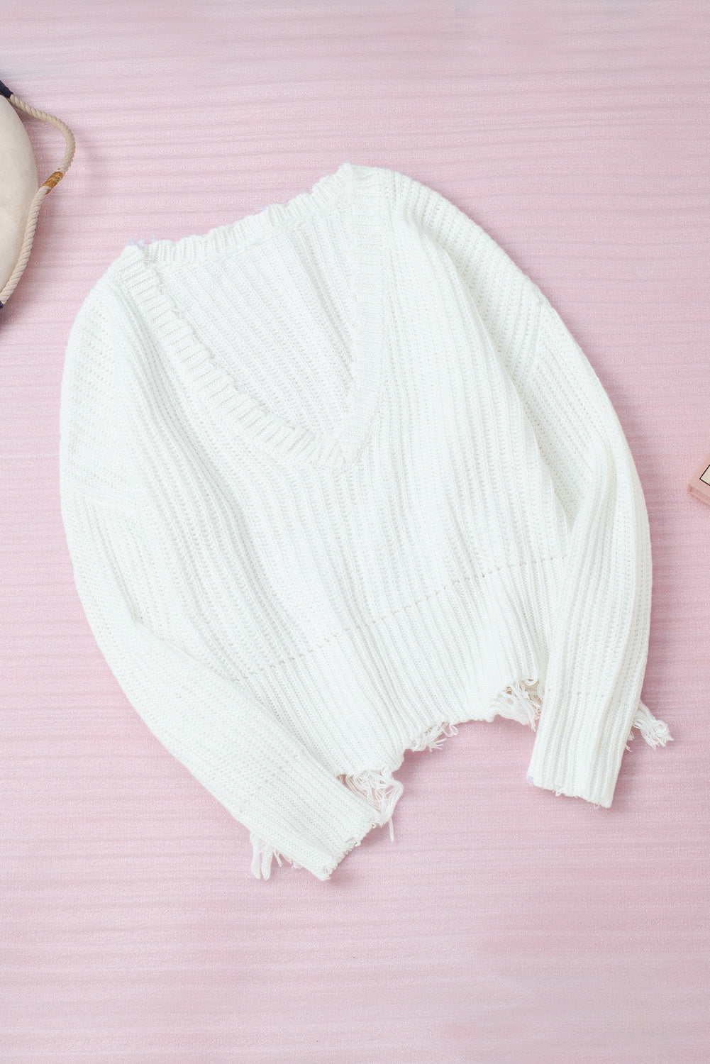 White Tainted Love Cotton Distressed Sweater