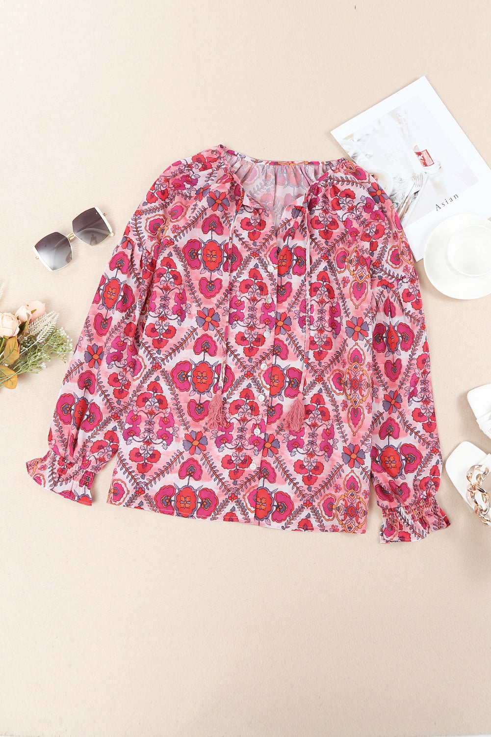 Rose Split Neckline Front Buttons Floral Print Blouse