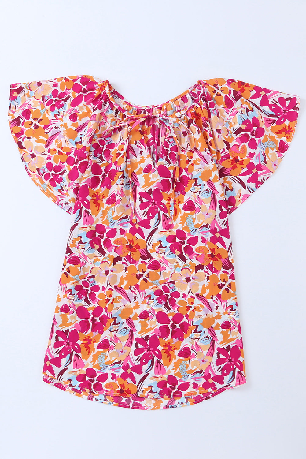 Red Flutter Sleeves Floral Print Top