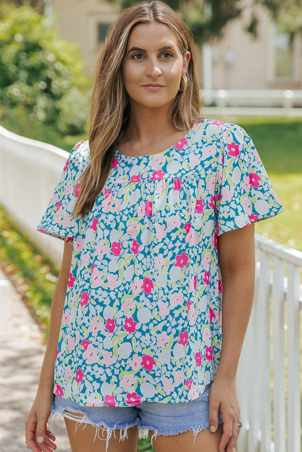 Sky Blue Floral Print O-neck Short Sleeve Babydoll Blouse