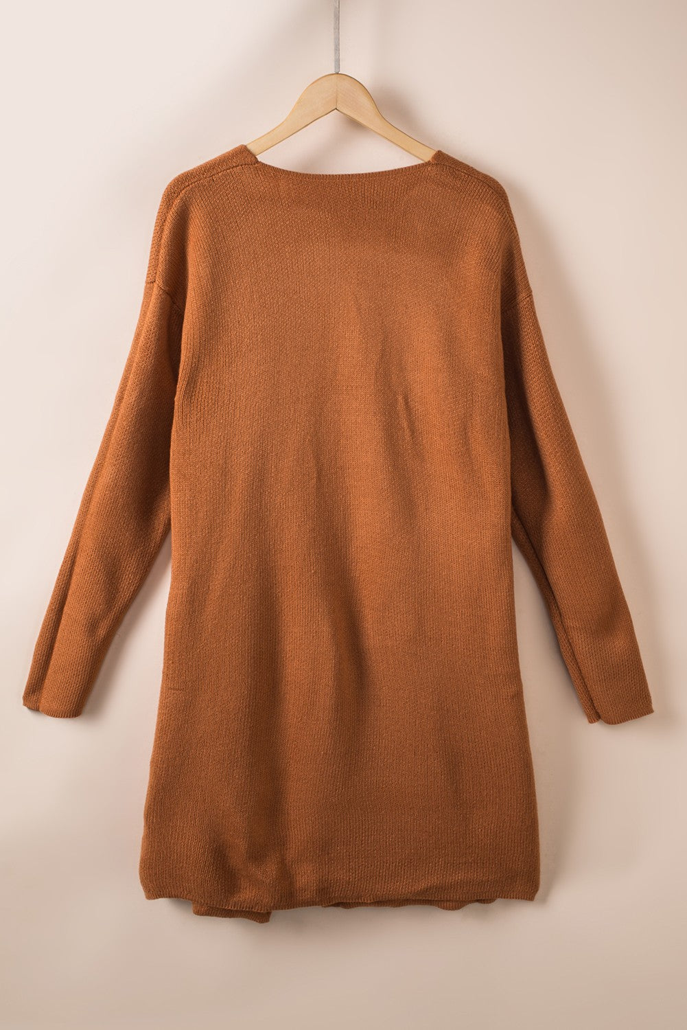Brown Solid Open Front Drop Sleeves Long Cardigan