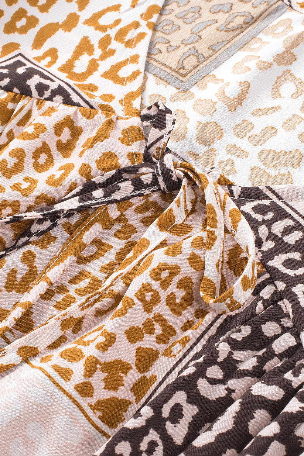 Brown Colorblock Leopard Ribbon Tie Blouse
