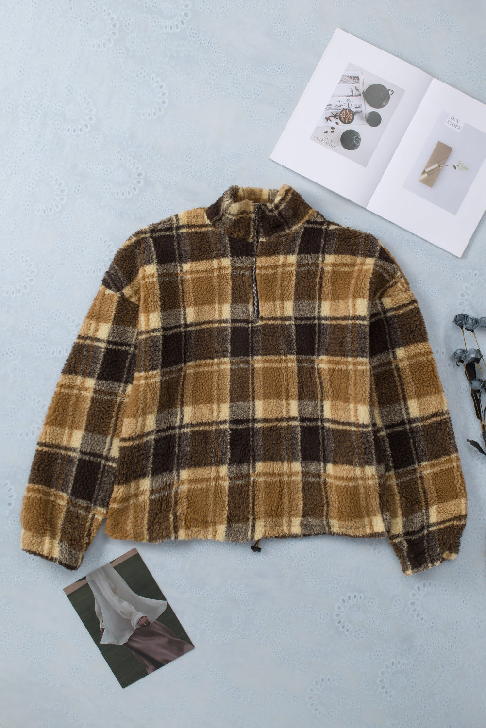 Brown Zip Collar Plaid Pattern Fleece Sweatshirt