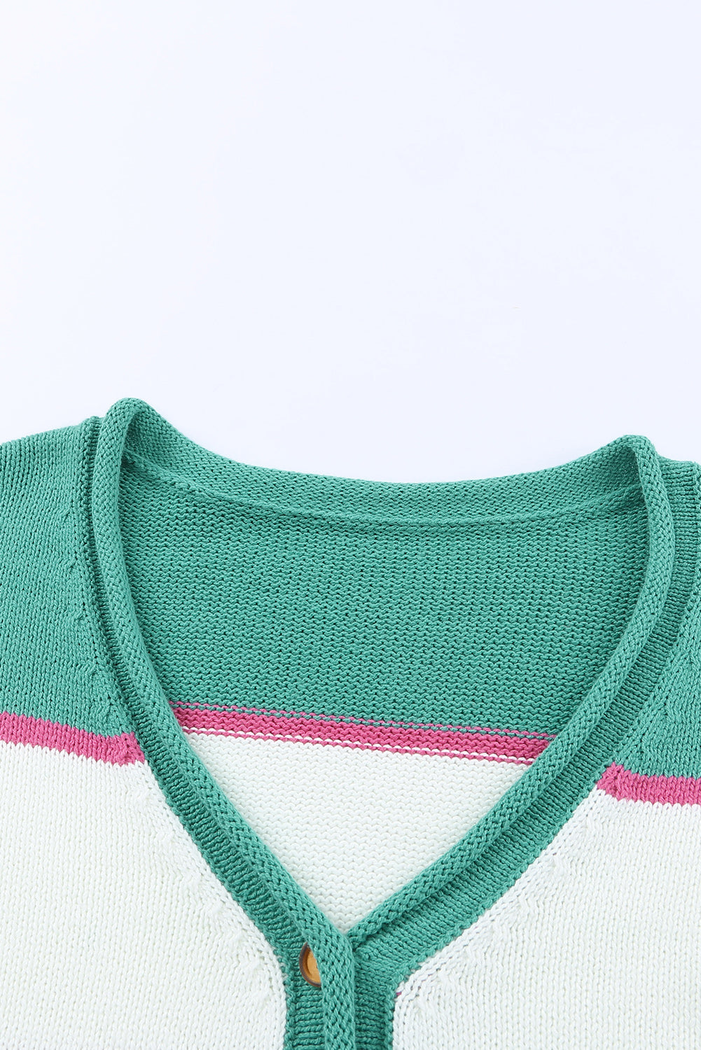 Green Striped Color Block Knitted Buttoned V Neck Sweater