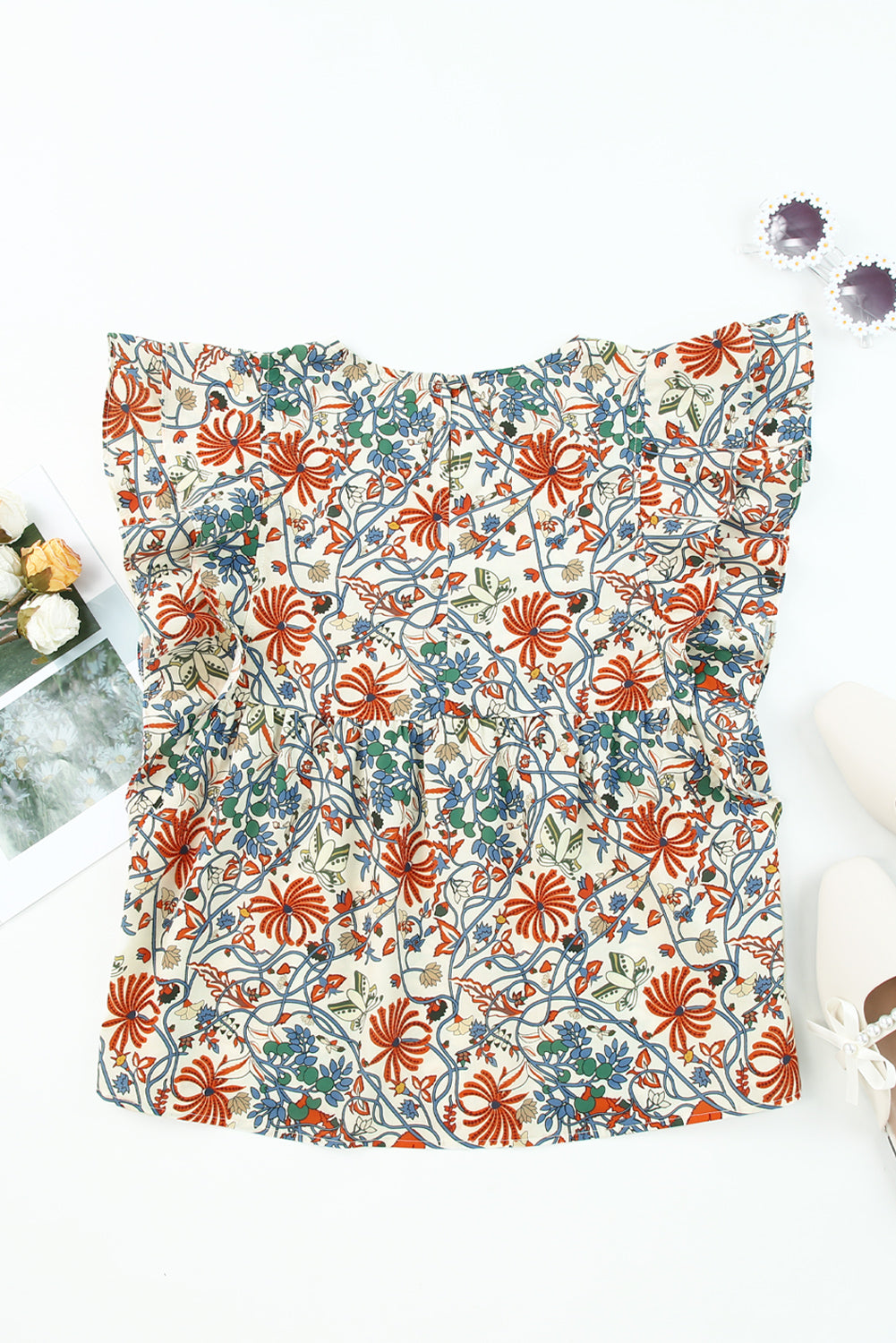 Multicolor Vintage Floral Shirred Ruffle Sleeve Blouse