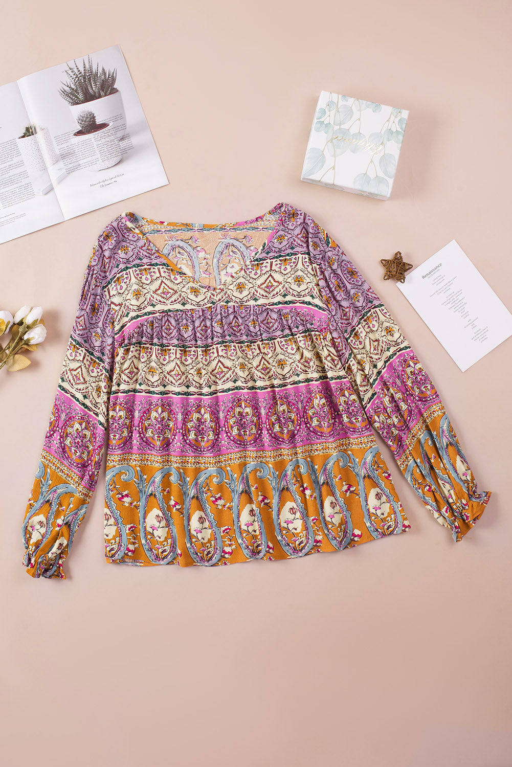 Multicolor Boho Print V Neck Bubble Sleeve Blouse