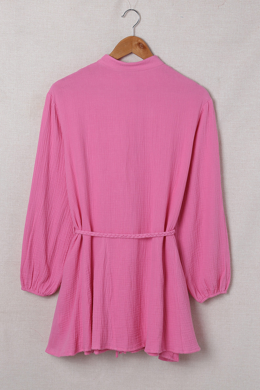 Rose Textured Buttons Long Sleeves Shirt Short Dress with Rope Tie